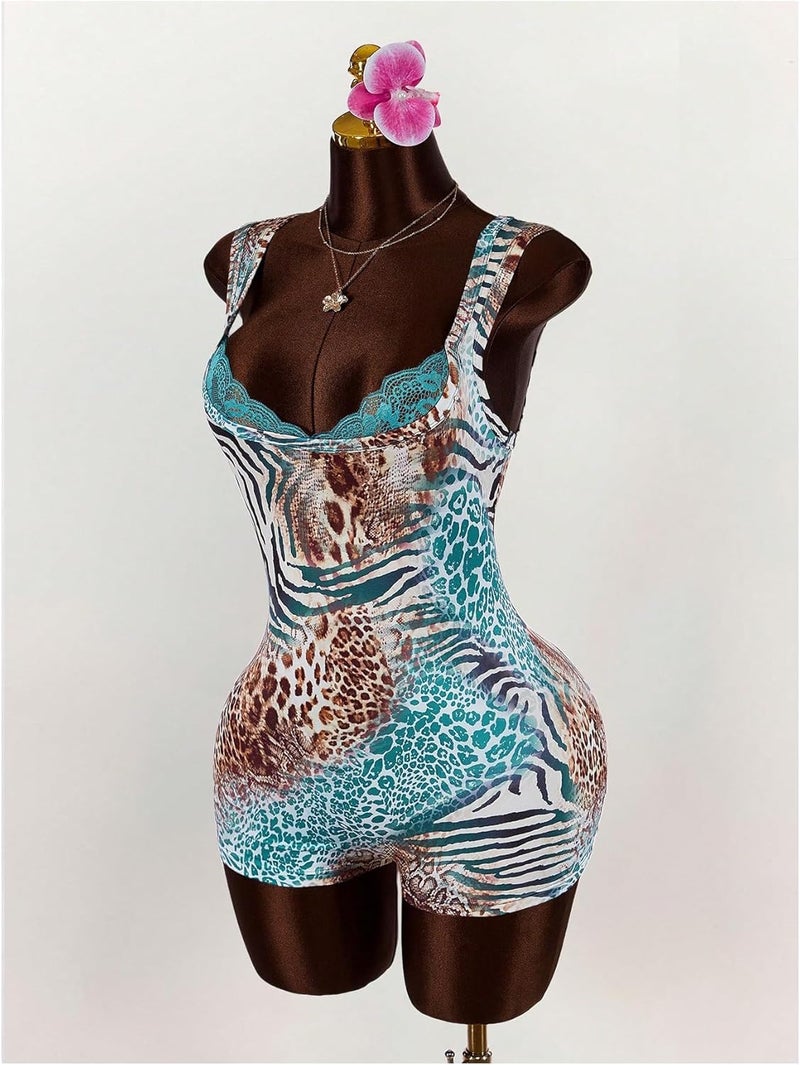 WDIRARA Women's Leopard Sleeveless Bodycon Romper Lace Trim Shorts Jumpsuits Unitards - Image 3